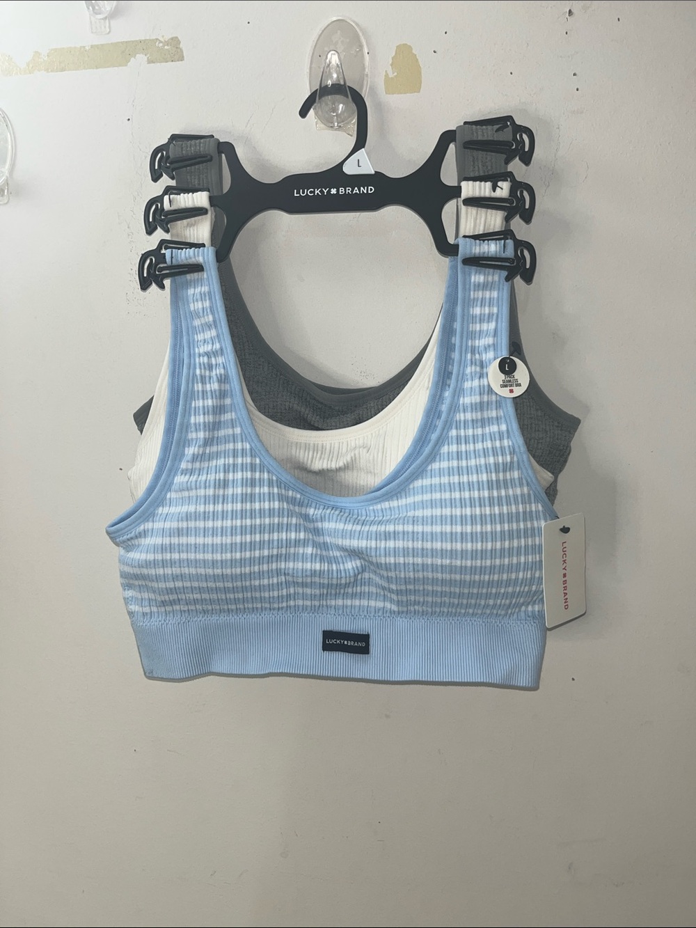 ✨BNWT 3-Pack Lucky Brand Blue, White, & Grey Padded Sports Bras!Sz L!NEVER WORN!